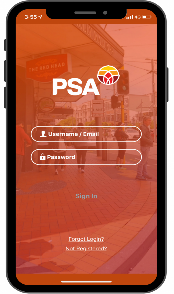 Screenshot of PSA Members App. Username and password fields in the middle of the screen.