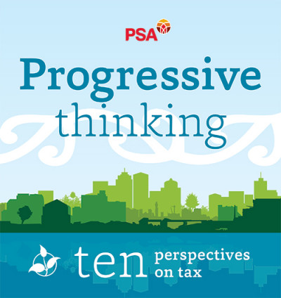 Front cover of Progressive Thinking booklet. A cartoon skyline of green buildings above a cartoon body of water, reflecting the green buildings. The booklet title is Progressive thinking: Ten perspectives on tax.