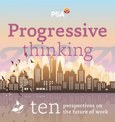 Front cover of Progressive Thinking booklet. A cartoon skyline of monotone brown skyscrapers with a gradient background fading from blue to orange. The booklet title is Progressive thinking: Ten perspectives on the future of work.