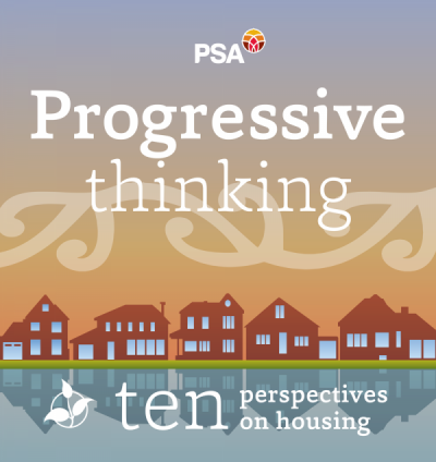 Front cover of Progressive Thinking booklet. A cartoon skyline of monotone brown houses on a waterfront against a gradient background. The gradient goes from dark blue to orange. The cartoon waterfront reflects the houses.The booklet title is Progressive thinking: Ten perspectives on housing.