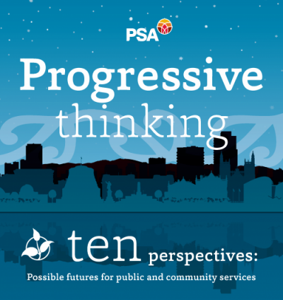 Front cover of Progressive Thinking booklet. A cartoon skyline at night time. A starry night over the silhouette of a skyline against a waterline, reflecting the buildings. The booklet title is Progressive thinking: Ten perspectives on possible futures for public and community services.